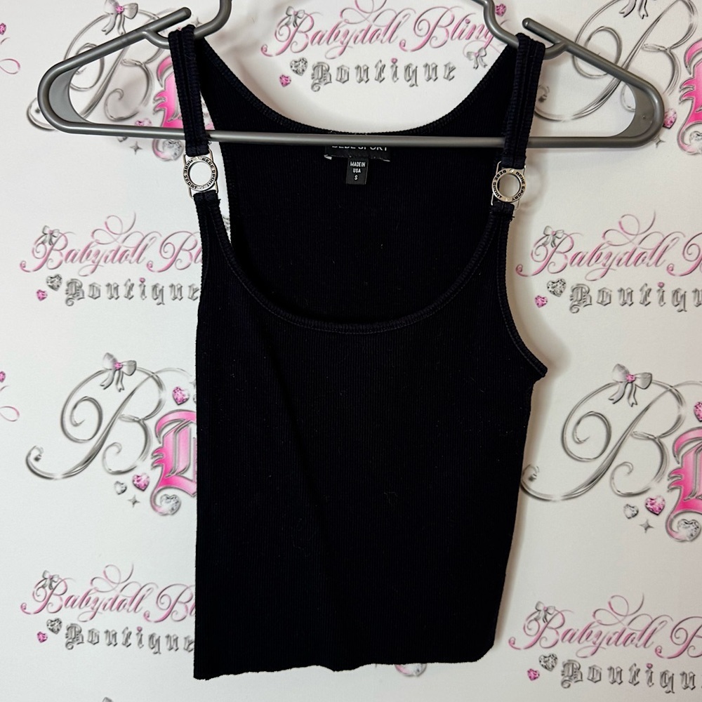 Bebe sport tank top Metal logo oring straps diamond bling Black Ribbed Tank Top